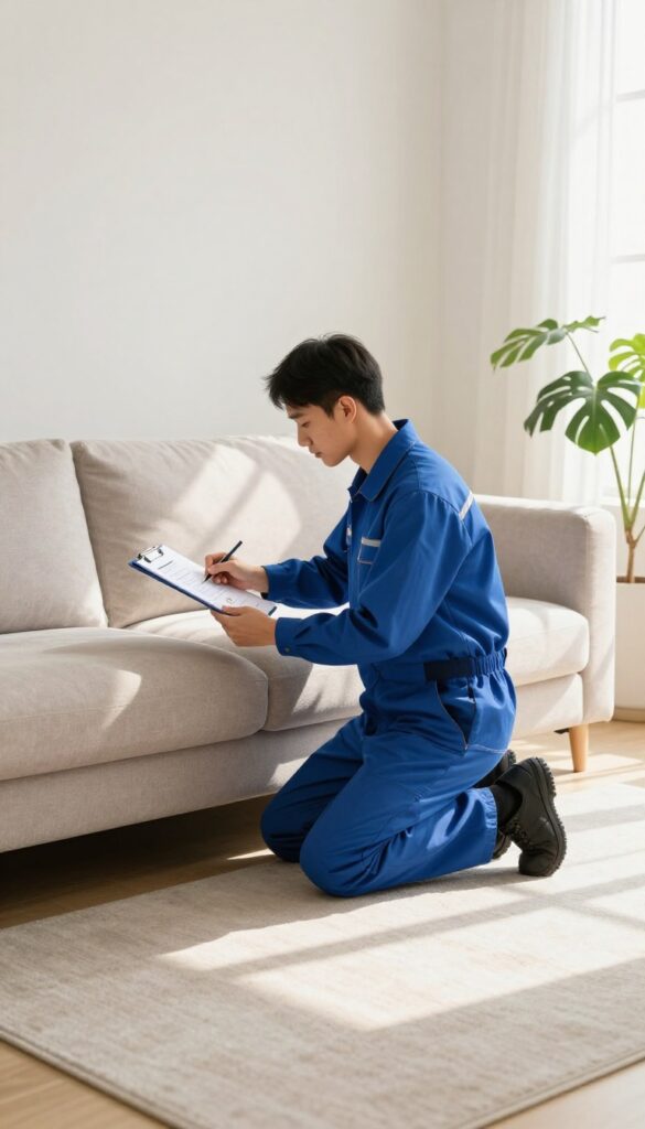Professional cleaner showing certificate and insurance document next to a clean sofa in a bright living room