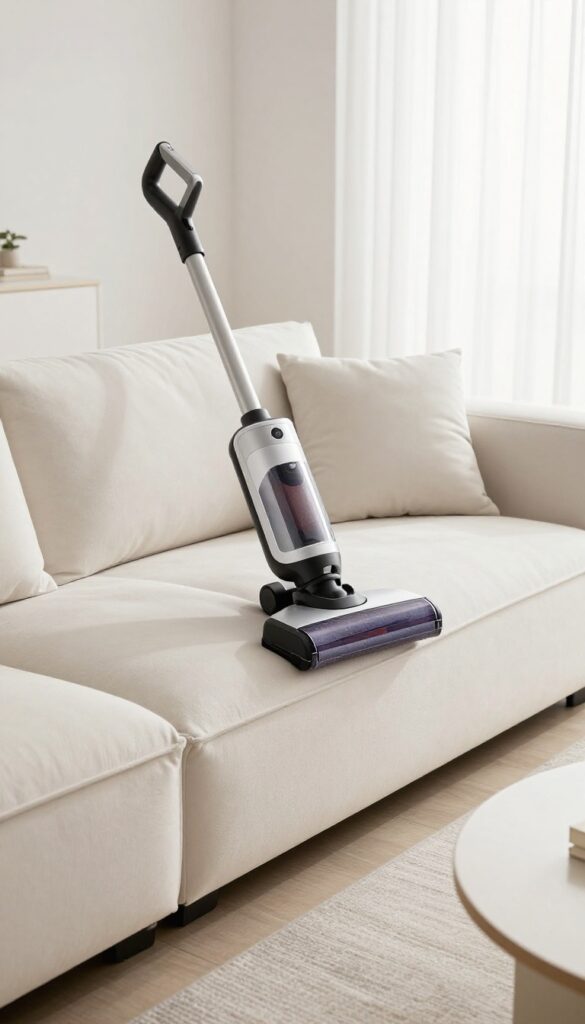 Preparing a sofa for professional cleaning by vacuuming seams and removing cushions