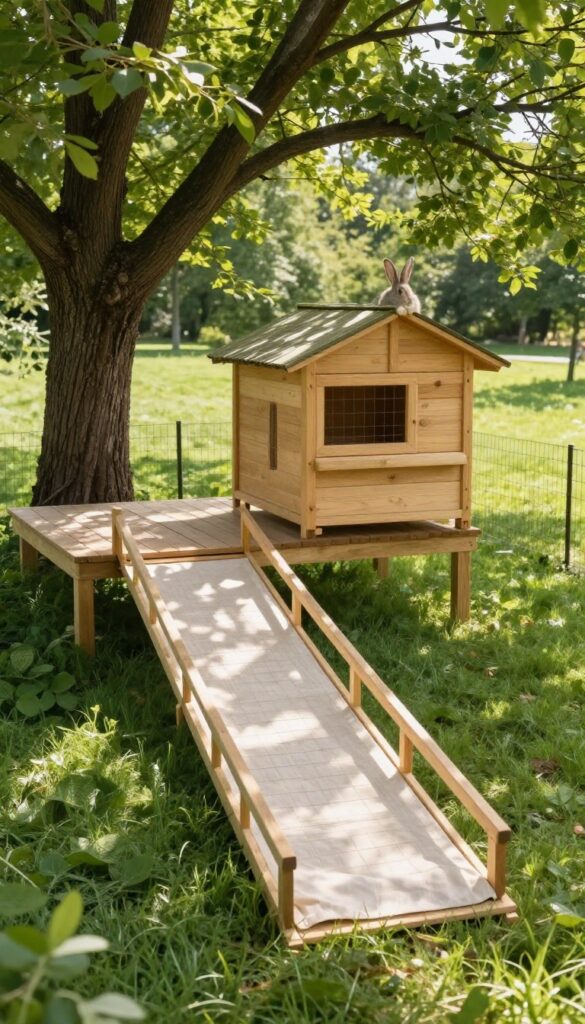 Elevated wooden guinea pig hutch on legs with ramp and fenced run on a shaded deck.