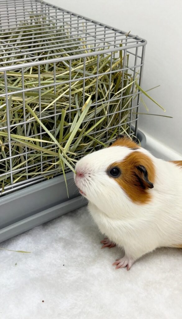 Guinea pig reaching up to a wire hay rack attached to cage bars, with a tray underneath catching loose hay, in a clean indoor cage setup.