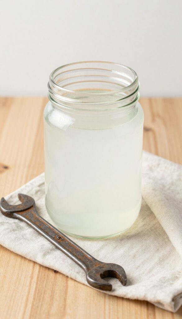 Rusty wrench soaking in white vinegar in a glass jar on a wooden workbench, with a clean wrench beside it.