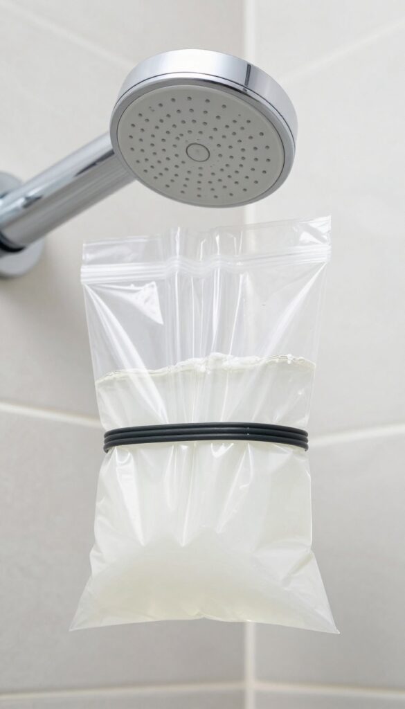 Shower head soaking in a bag of white vinegar for cleaning