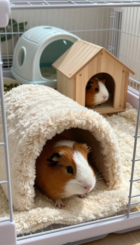 Guinea pig hideouts and cozy caves in a cage with fleece liner