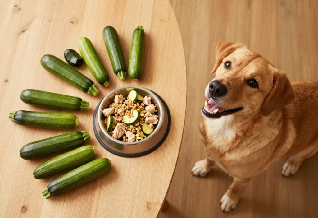 Homemade zucchini dog food in a bowl with fresh zucchinis and a dog nearby