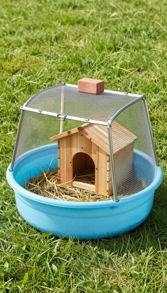 Repurposed kiddie pool with secure wire mesh lid as a guinea pig outdoor playpen on grass