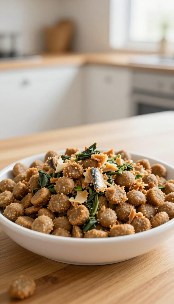 Dog kibble bowl topped with sardine and spinach sprinkle mix, photorealistic pet food photography