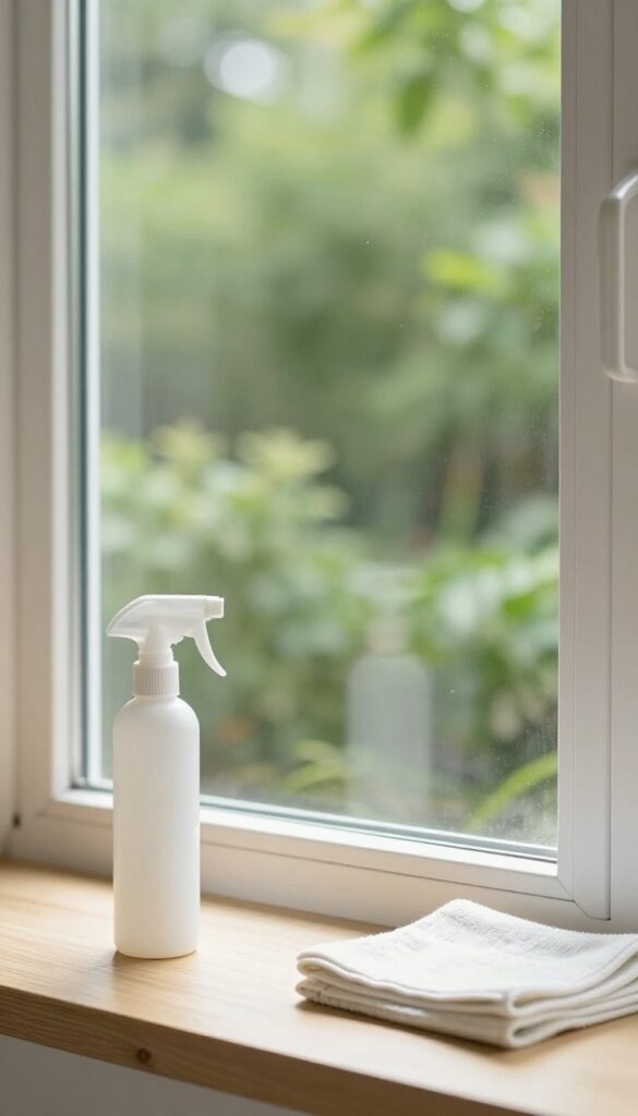 Sparkling clean window and mirror with spray bottle and microfiber cloth, streak-free shine in natural light.