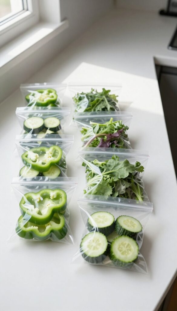 Pre-portioned veggie bags for guinea pig meal prep, showing fresh chopped vegetables in clear bags on a kitchen counter.
