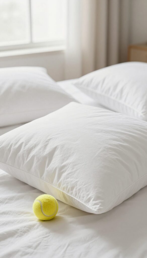 Fluffy white pillows on a bed with two tennis balls nearby, bright natural light, clean and inviting atmosphere.