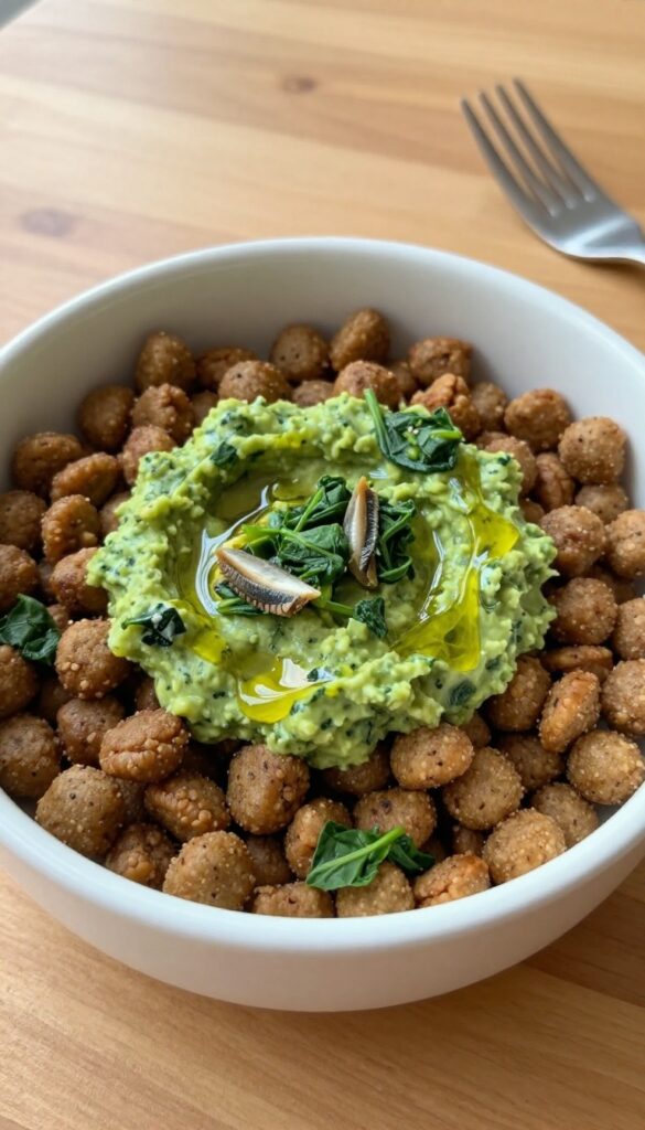 Homemade sardine and spinach topper mixed with kibble in a dog bowl, natural lighting, pet food photography