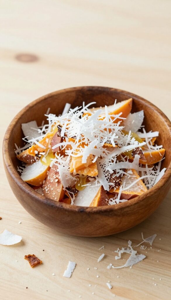 Homemade sweet potato and coconut crumble dog food topper in a wooden bowl on a light wood table, natural lighting.
