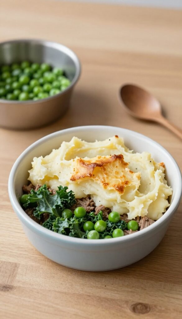 Homemade dog-friendly shepherd's pie with ground lamb, kale, and mashed potatoes in a baking dish.