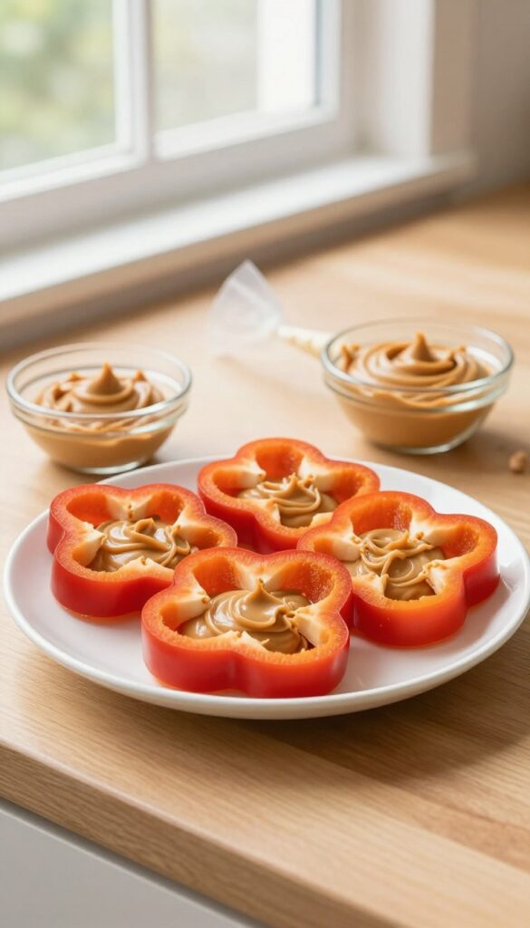 Frozen bell pepper rings stuffed with peanut butter on a white plate, dog treat recipe photography.