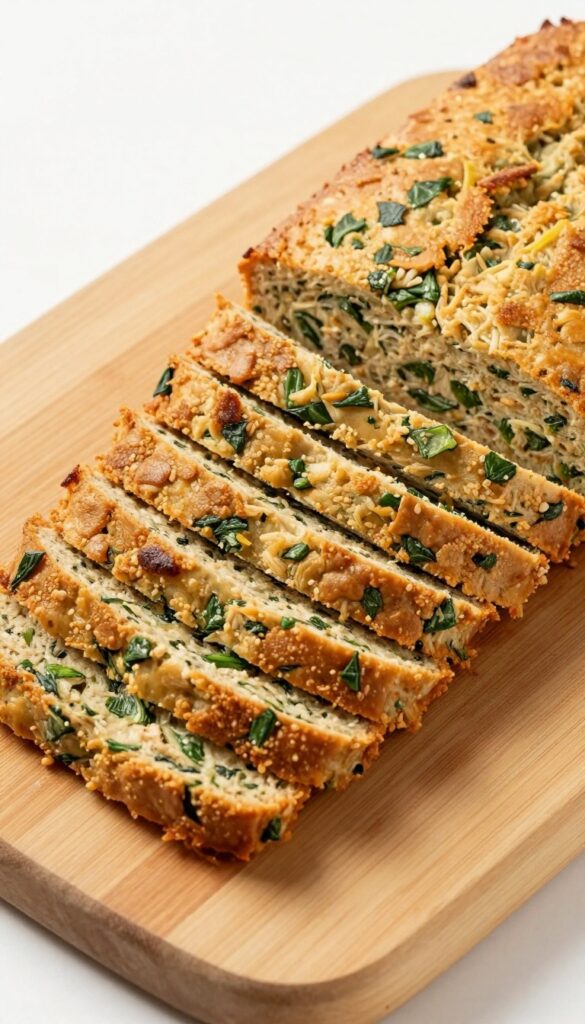 Sliced turkey and spinach dog food loaf on a cutting board with bite-sized strips.