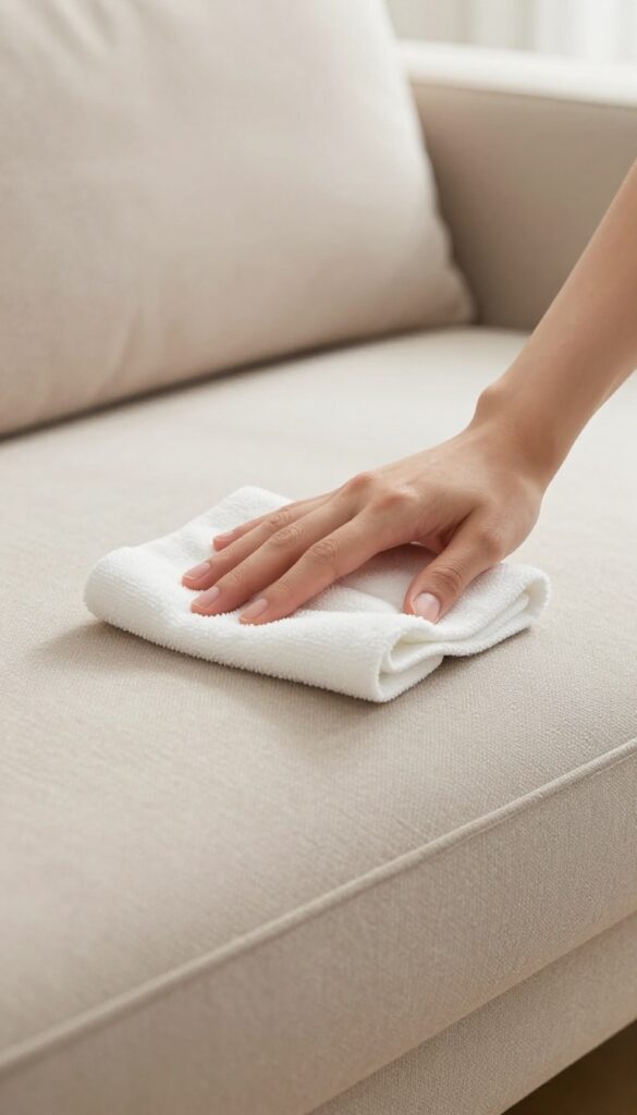 Professional cleaner applying stain removal solution to a sofa cushion