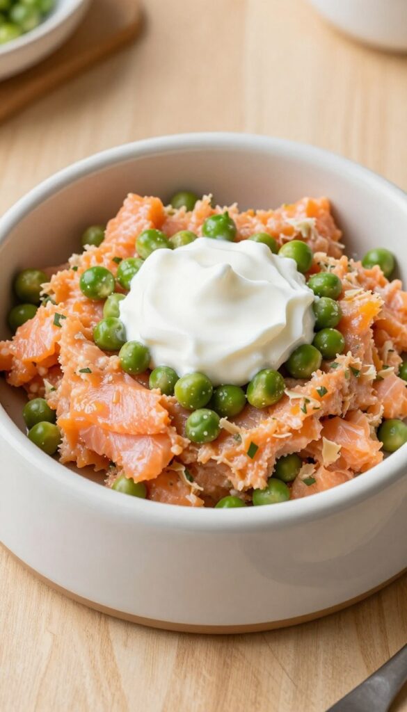 Homemade dog food mash with salmon and green peas in a ceramic bowl, topped with yogurt, on a wooden table.