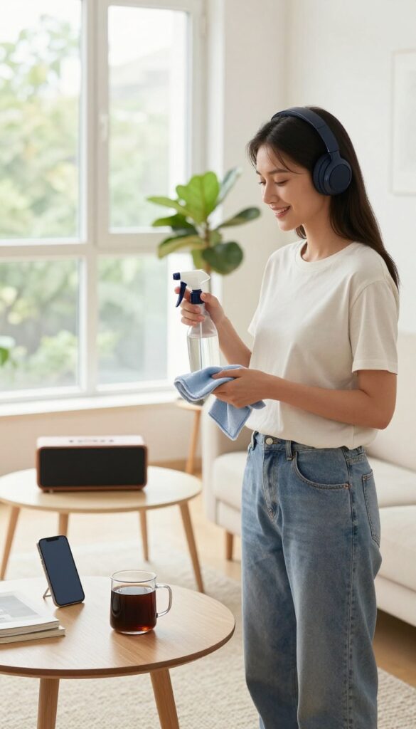 Woman cleaning living room while listening to music on headphones with smartphone on speaker.