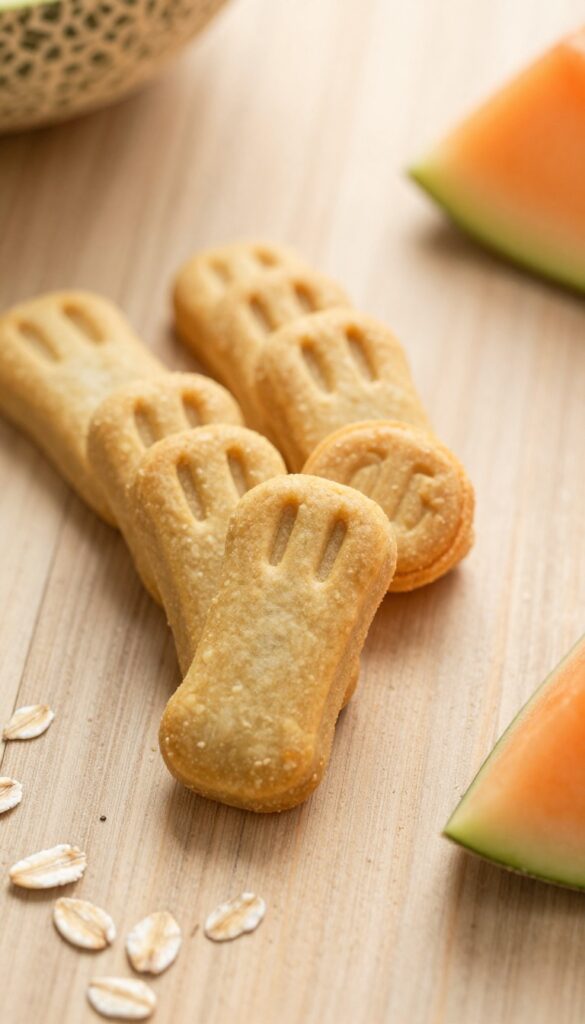 Homemade cantaloupe and oat dog treats arranged on a wooden table with a slice of cantaloupe and oat flakes.