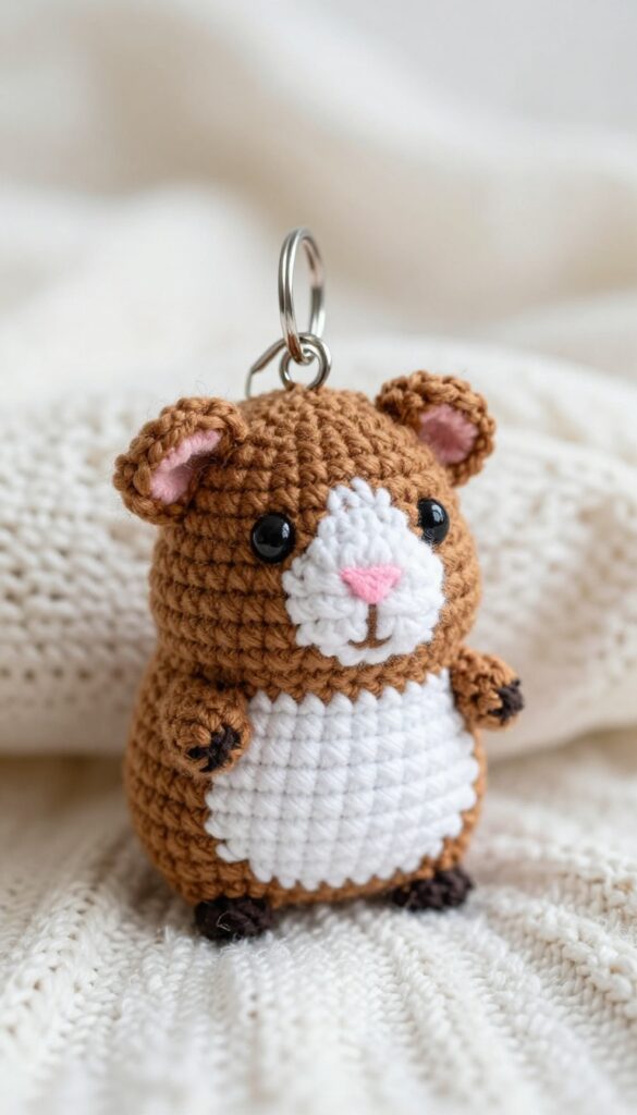 A crochet mini guinea pig keychain with a keychain ring, resting on a knitted blanket.