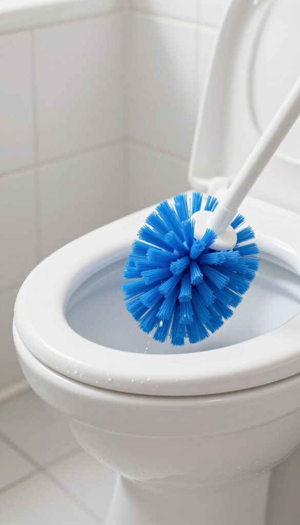 A toilet brush scrubbing inside a clean white toilet bowl, focusing on the rim and drain area.