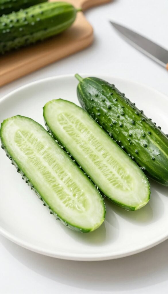 Fresh cucumber slices on a white plate with whole cucumbers and a knife in the background.