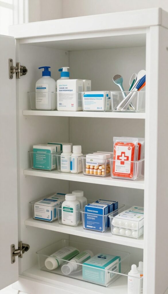 Organized medicine cabinet with clear bins and neatly arranged supplies.