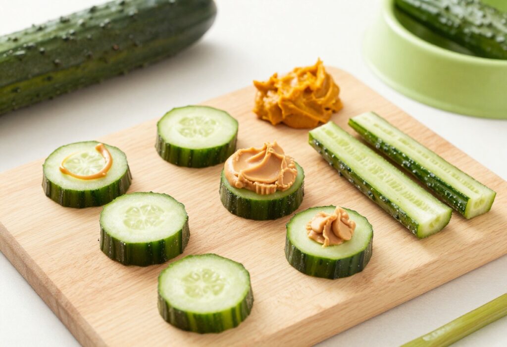 Homemade cucumber dog treats arranged on a wooden board with a dog bowl nearby.