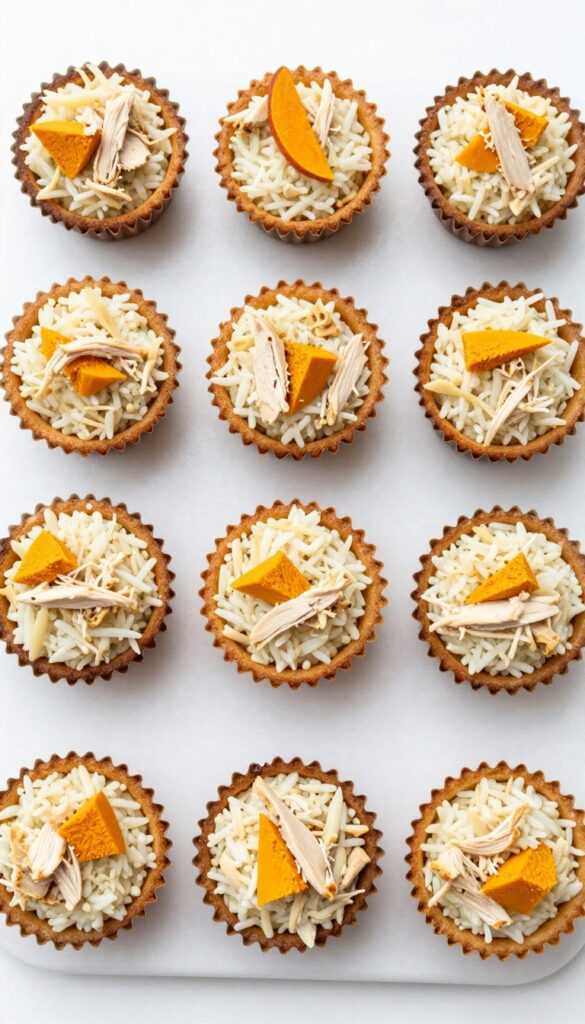Homemade dog food muffin cups with chicken, rice, and pumpkin, baked in a muffin tin for portion control.