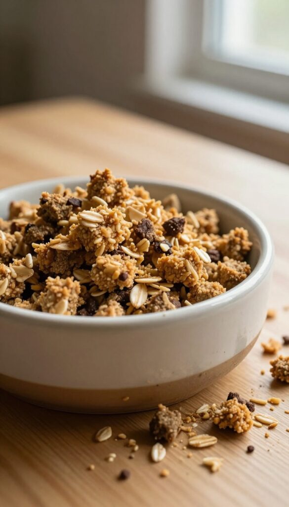Close-up of a dog bowl with crumbly liver and oat topper sprinkled over kibble, natural lighting.