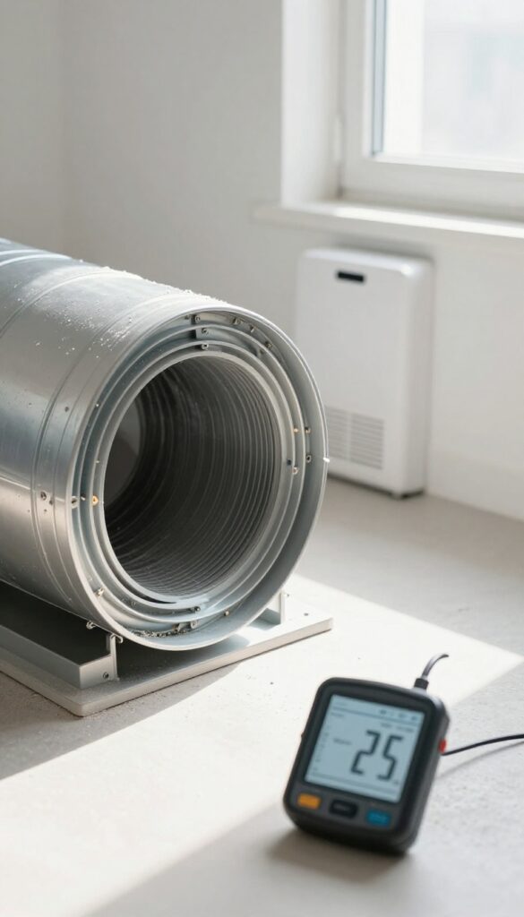 Clean dry HVAC duct with dehumidifier in bright basement