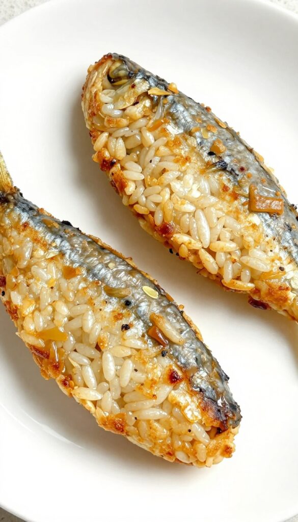 Two small golden-brown sardine and rice patties on a white plate, soft and tender, perfect for dogs with missing teeth.