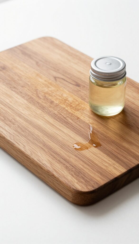 Natural coconut oil being applied to a wooden cutting board with a cloth, conditioning the wood.