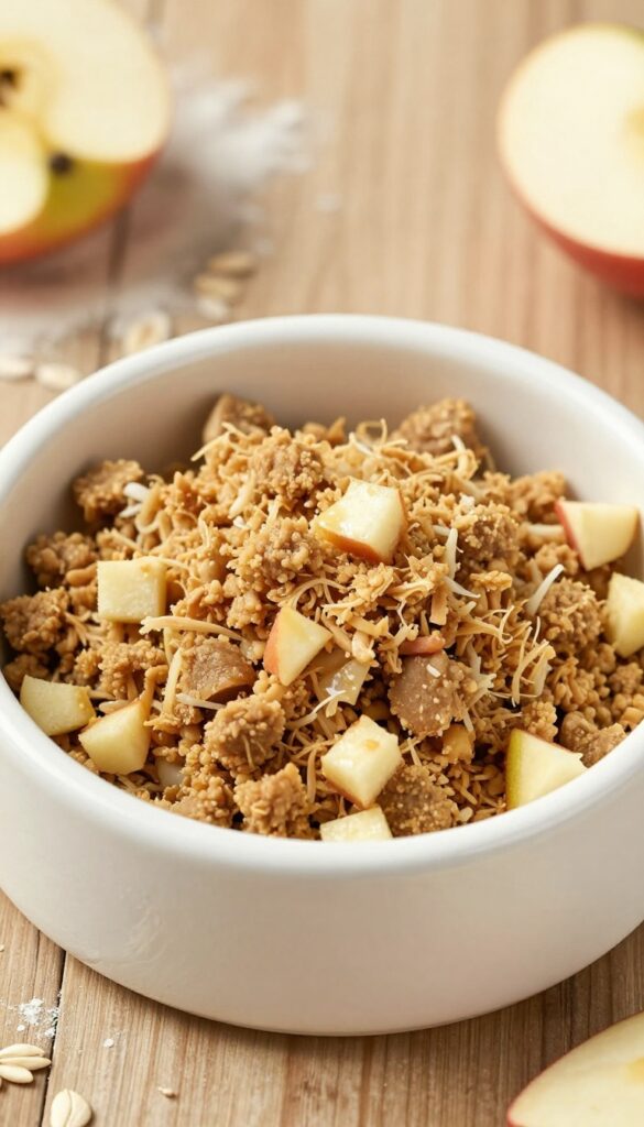Homemade rabbit and apple crumble topper sprinkled over dog kibble in a bowl, with a rustic wooden table background and natural lighting.