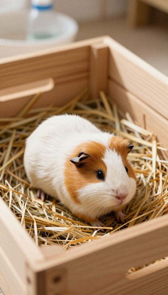 Guinea pig foraging in a hay-filled wooden crate in a natural cage setup