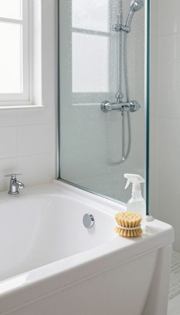 Clean shower and bathtub with scrub brush and spray bottle