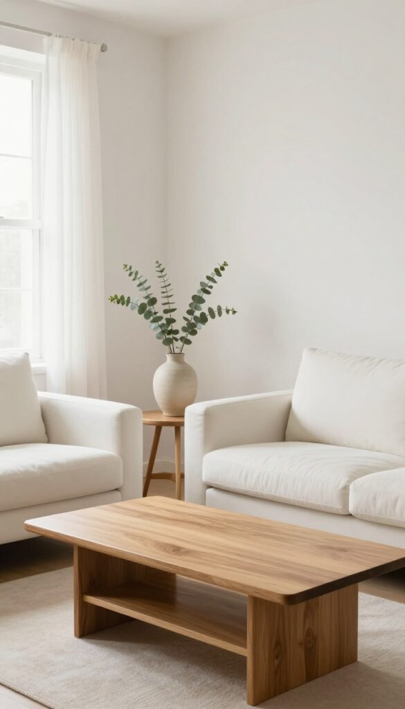 Clean living room with bare coffee table and minimal decor, ready for guests.