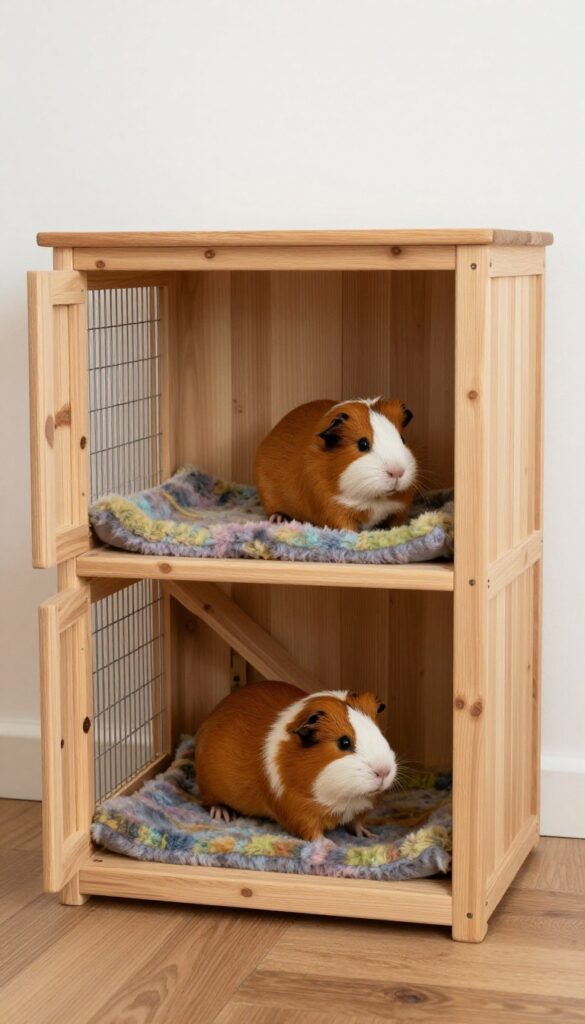 Repurposed wooden bookshelf guinea pig cage with two levels, ramp, fleece liners, and guinea pigs