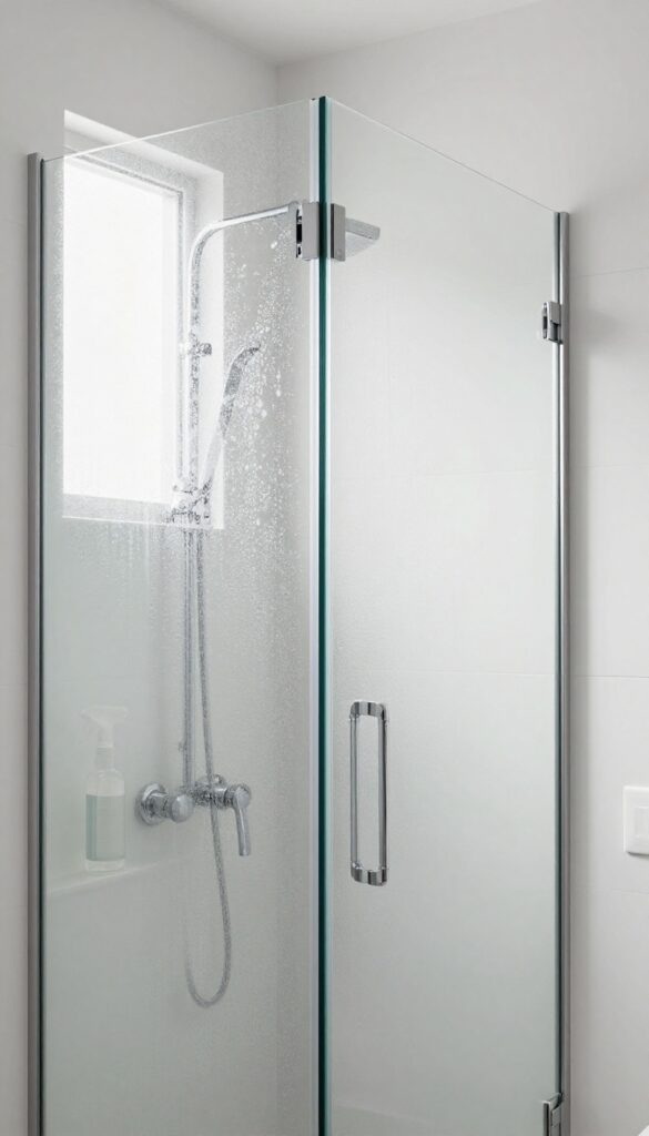 White vinegar spray removing hard water stains from shower glass door