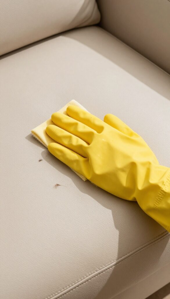 Hand in damp rubber glove wiping pet hair from a leather couch