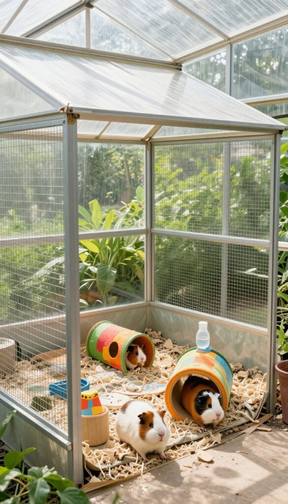 Greenhouse conversion with ventilation panels and shade cloth for guinea pigs