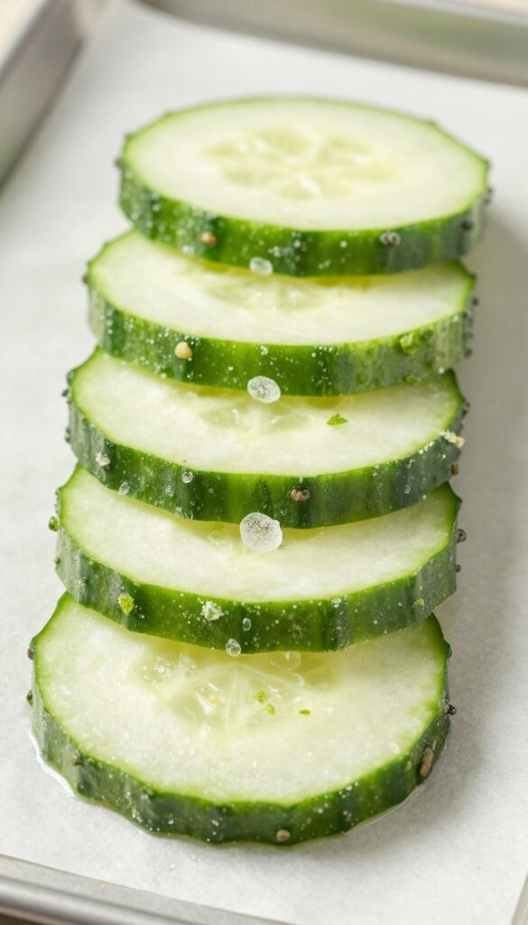 Frozen cucumber and apple slices with mint layered on a baking sheet, homemade dog treats.
