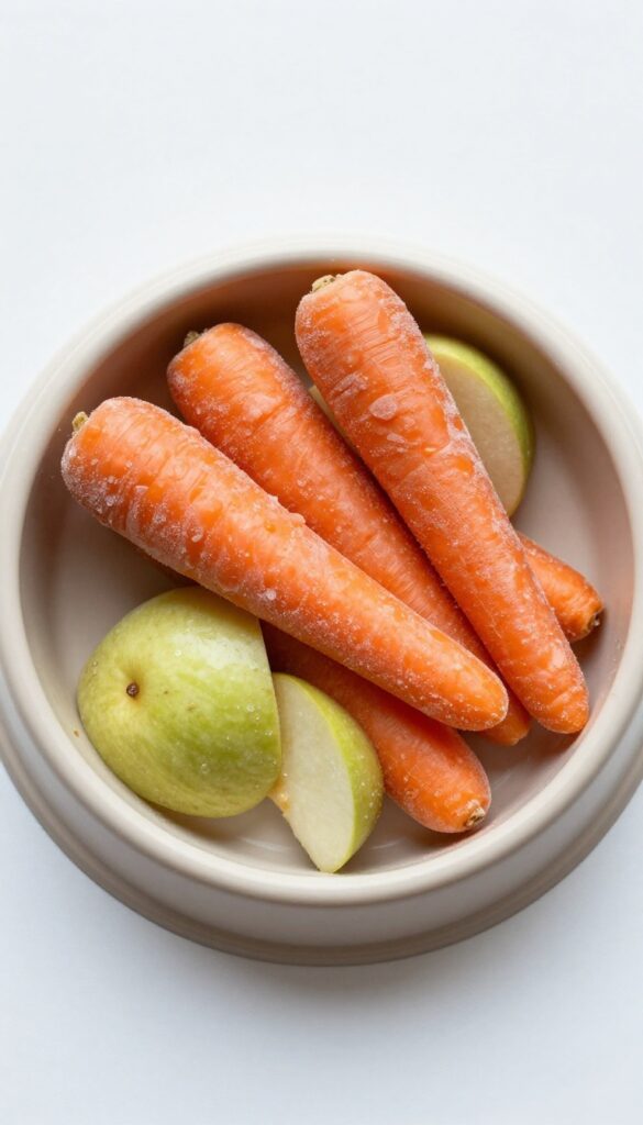 Frozen carrot and apple swirl dog treat in a slow feeder bowl, with a frosty surface and visible swirls of orange and green.