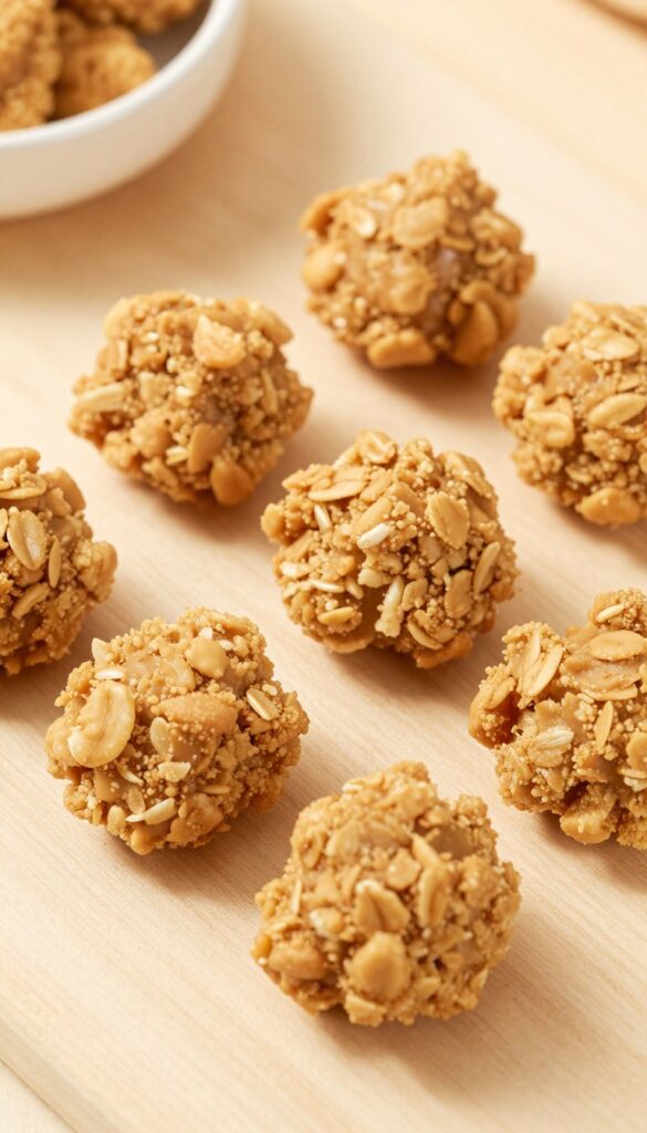 Homemade peanut butter and oat dog training treat crumbles, baked golden brown and broken into tiny pieces, scattered on a wooden surface for a pet blog recipe image.