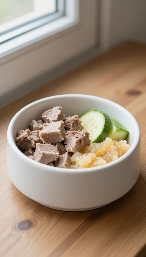 Dog bowl with pork, zucchini, and applesauce for homemade dog lunch