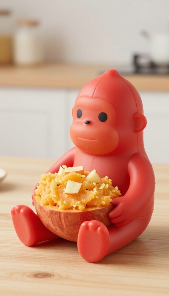 A red Kong toy stuffed with frozen sweet potato and apple mash, resting on a wooden surface in natural light.