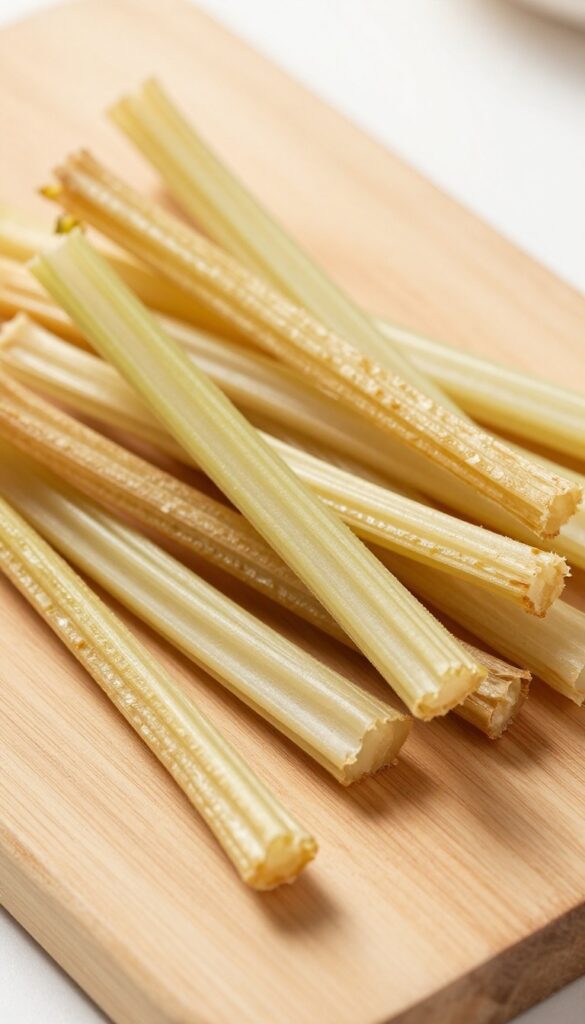 Dehydrated celery sticks for chewy dog treats arranged on a wooden board