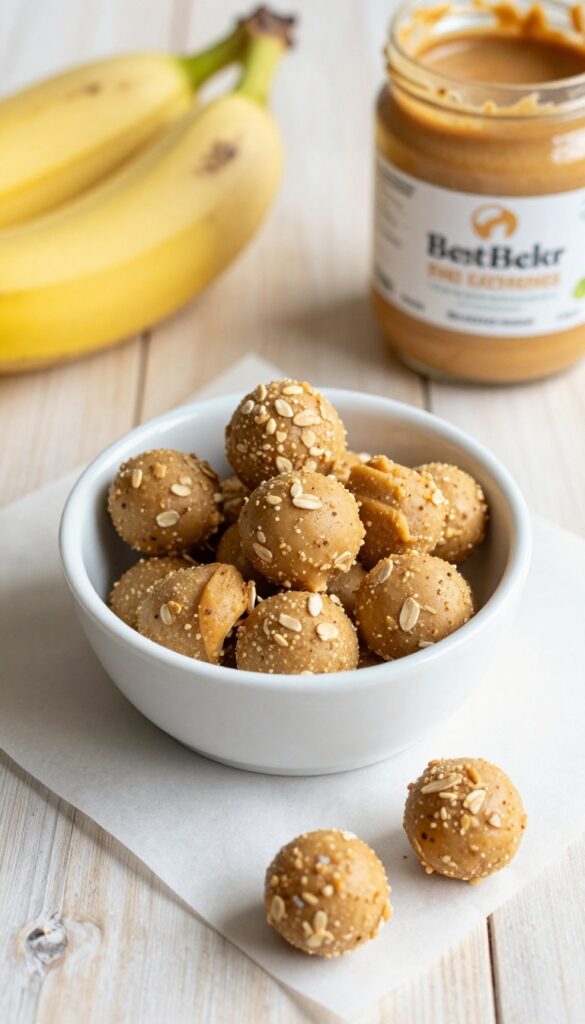 Homemade no-bake peanut butter and banana dog treats in a white bowl on a wooden table, with a banana and peanut butter jar nearby.