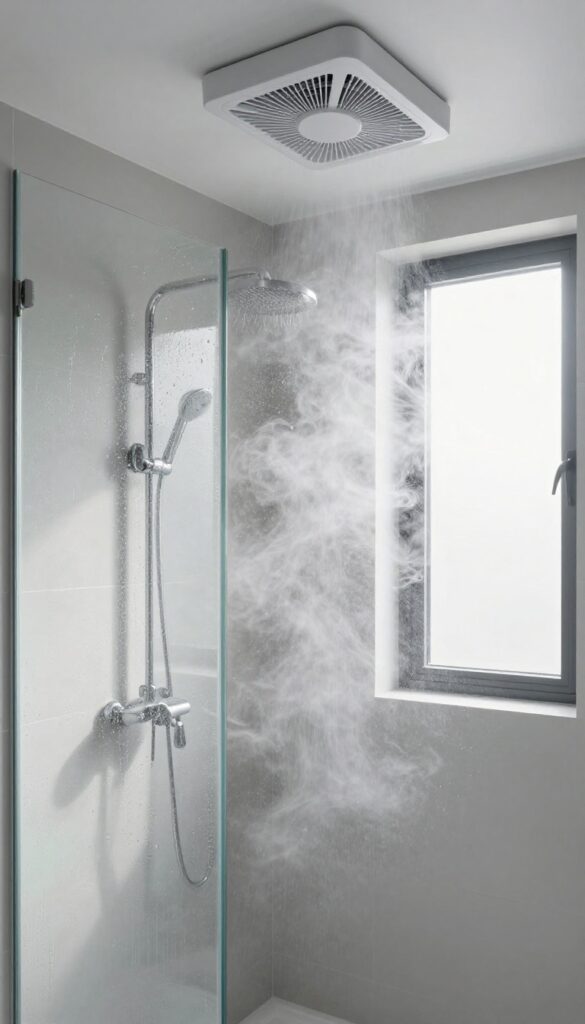 Bathroom with steam and an exhaust fan running to prevent mold on walls and corners.