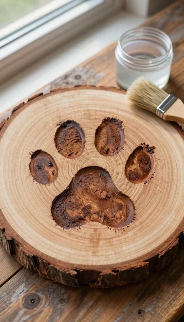 Wood slice with a dark brown dog paw print, paintbrush and varnish nearby, rustic decor.