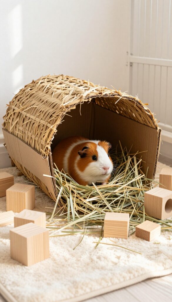 Guinea pig cage activity corner with chew toys and enrichment items